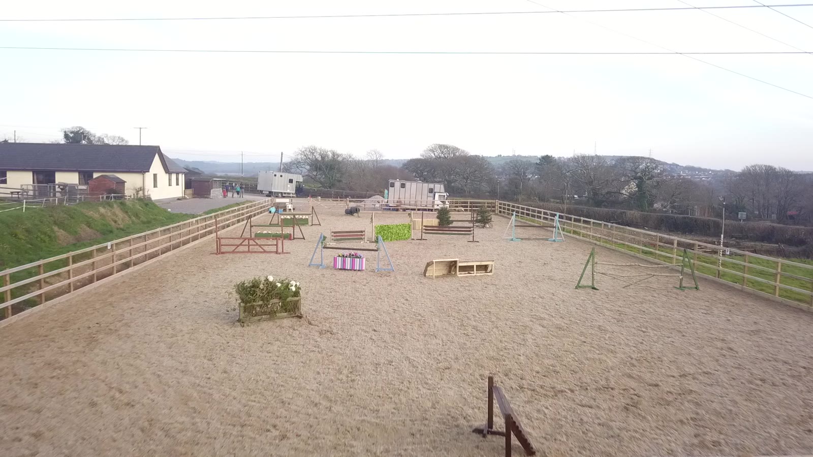 Aerial view of the rectangular Cae Hamdden outdoor arena